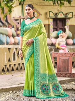 Fashion Petals - Parrot Green Kanjivaram Silk Woven Work Saree With Unstitched Blouse