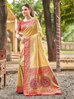 Fashion Petals - Golden Yellow Kanjivaram Silk Woven Work Saree With Unstitched Blouse