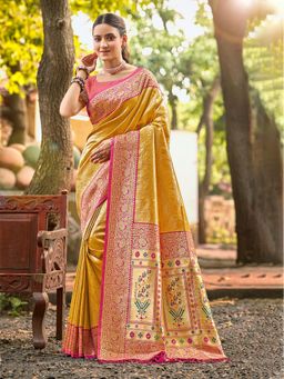 Fashion Petals - Mustard Kanjivaram Silk Woven Work Saree With Unstitched Blouse