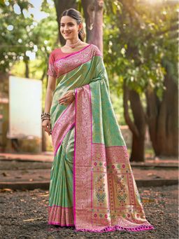 Fashion Petals - Green Kanjivaram Silk Woven Work Saree With Unstitched Blouse