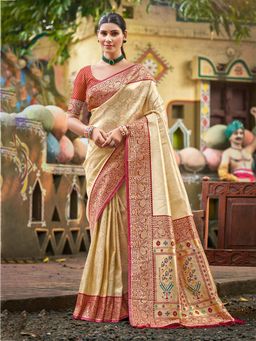 Fashion Petals - Cream Kanjivaram Silk Woven Work Saree With Unstitched Blouse
