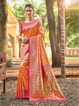 Fashion Petals - Orange Kanjivaram Silk Woven Work Saree With Unstitched Blouse