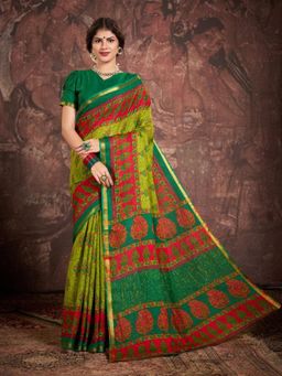 Garden VARELI - Green Floral Printed Saree With Unstitched Blouse