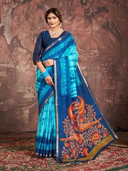 Garden VARELI - Teal Tie And Dye Printed Viscose Saree With Unstitched Blouse