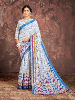 Garden VARELI - White Printed Saree With Unstitched Blouse