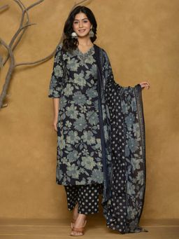 MEENA BAZAAR - Blue Floral Embroidered Kurta with Pant and Dupatta