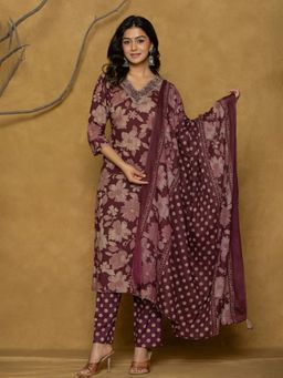 MEENA BAZAAR - Wine Floral Embroidered Kurta with Pant and Dupatta
