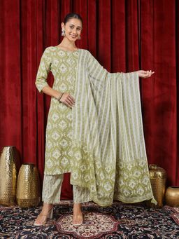 MEENA BAZAAR - Green Printed Kurta with Pant and Dupatta