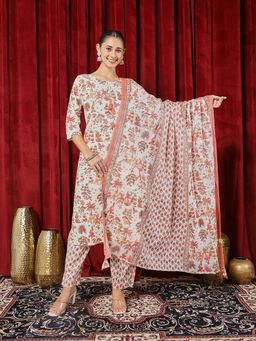 MEENA BAZAAR - Women Cream Floral Printed Kurta with Pant and Dupatta