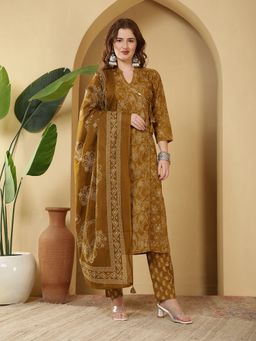 MEENA BAZAAR - Mustard Paisley Printed Angarkha Kurta with Pant and Dupatta