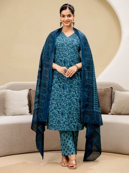 MEENA BAZAAR - Women Blue Floral Printed Kurta with Pant and Dupatta