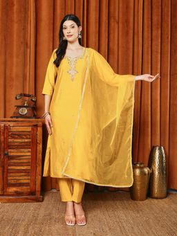 MEENA BAZAAR - Mustard Embroidered Thread Work Kurta with Pant and Dupatta