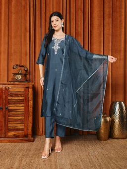 MEENA BAZAAR - Women Blue Embroidered Thread Work Kurta with Pant and Dupatta