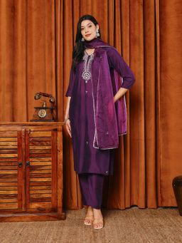 MEENA BAZAAR - Purple Embroidered Thread Work Kurta with Pant and Dupatta