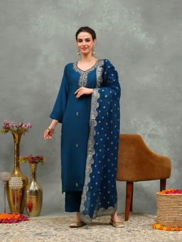 MEENA BAZAAR - Blue Women Embroidered Thread Work Kurta with Pant and Dupatta