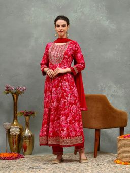 MEENA BAZAAR - Pink Floral Thread Work Anarkali Kurta with Pant and Dupatta