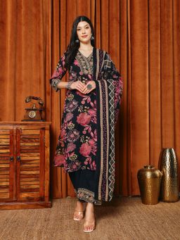 MEENA BAZAAR - Black Women Floral Printed Kurta with Pant and Dupatta