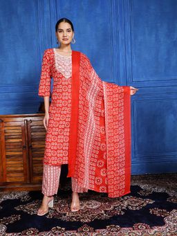 MEENA BAZAAR - Red Printed Thread Work Kurta with Pant and Dupatta