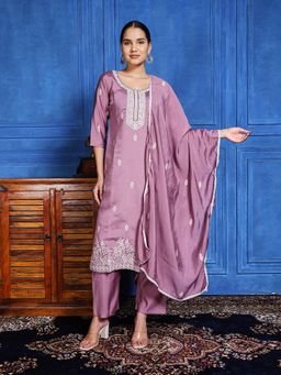 MEENA BAZAAR - Lavender Women Embroidered Thread Work Kurta with Pant and Dupatta