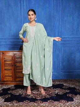 MEENA BAZAAR - Green Embroidered Thread Work Kurta with Pant and Dupatta