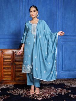 MEENA BAZAAR - Blue Embroidered Thread Work Kurta with Pant and Dupatta