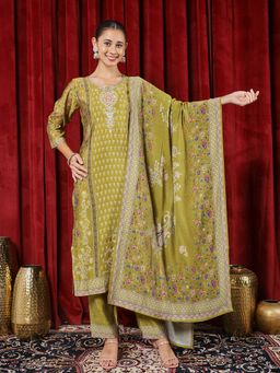 MEENA BAZAAR - Green Floral Printed Kurta with Pant and Dupatta