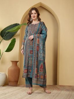 MEENA BAZAAR - Blue Floral Printed Kurta with Pant and Dupatta