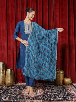 MEENA BAZAAR - Blue Embroidered Thread Work Women Kurta with Pant and Dupatta