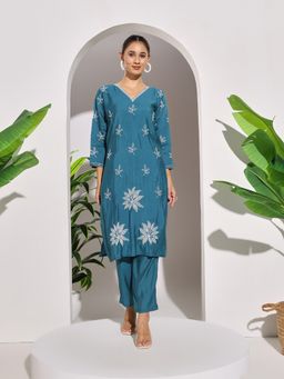 MEENA BAZAAR - Blue Women Floral Printed Kurta with Pant
