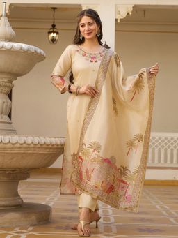MEENA BAZAAR - Women Beige Floral Printed Kurta with Pant and Dupatta