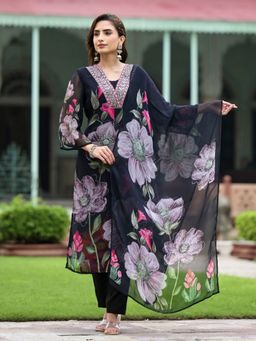 MEENA BAZAAR - Black Floral Thread Work Kurta with Pant and Dupatta