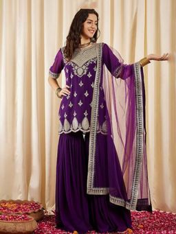 MEENA BAZAAR - Purple Embroidered Thread Work Kurti with Sharara and Dupatta