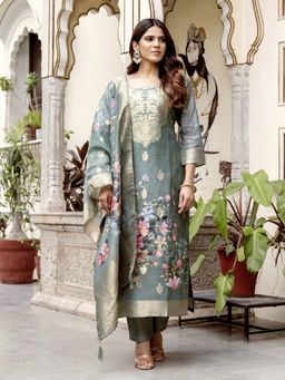 MEENA BAZAAR - Green Floral Zari Kurta with Pant and Dupatta