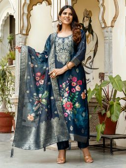 MEENA BAZAAR - Blue Floral Zari Kurta with Pant and Dupatta