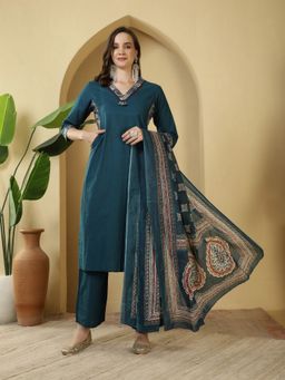 MEENA BAZAAR - Blue Women Printed Kurta with Pant and Dupatta