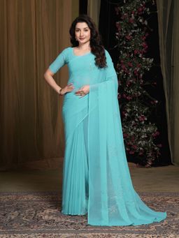 Garden VARELI - Turquoise Embellished Sequined Saree Without Blouse