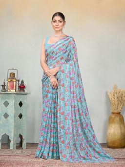 Garden VARELI - Turquoise Floral Printed Saree With Unstitched Blouse