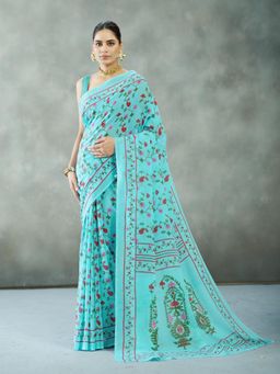 Garden VARELI - Turquoise Floral Printed Saree With Unstitched Blouse