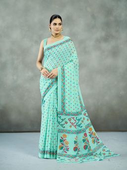 Garden VARELI - Turquoise Floral Printed Saree With Unstitched Blouse