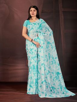 Garden VARELI - Turquoise Floral Printed Saree With Unstitched Blouse