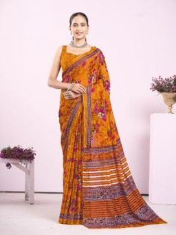 Garden VARELI - Orange Floral Printed Saree With Unstitched Blouse