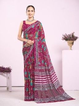 Garden VARELI - Magenta Floral Printed Saree With Unstitched Blouse