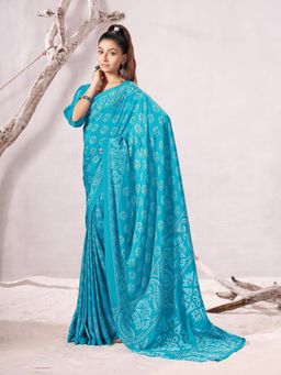 Garden VARELI - Turquoise Floral Printed Saree Without Blouse