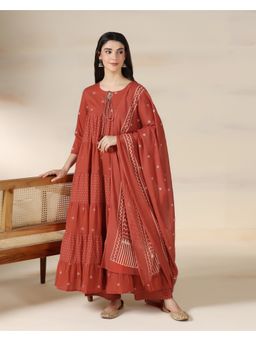 MIZAZJAIPUR - Rust Printed Anarkali Kurta With Pant And Dupatta