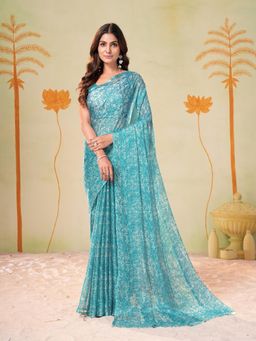 Garden VARELI - Teal Printed Saree With Unstitched Blouse