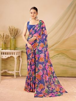 Garden VARELI - Blue Floral Printed Saree Without Blouse