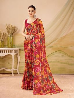 Garden VARELI - Red Floral Printed Saree Without Blouse