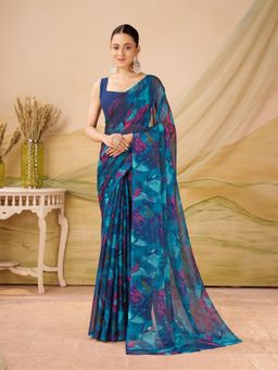 Garden VARELI - Blue Floral Printed Saree Without Blouse