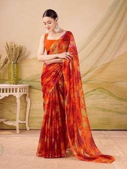 Garden VARELI - Orange Floral Printed Saree Without Blouse