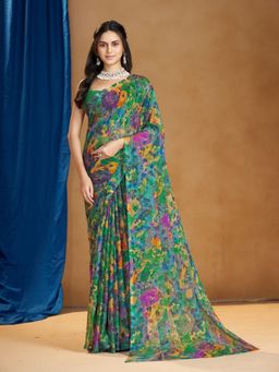 Garden VARELI - Green Floral Printed Saree Without Blouse